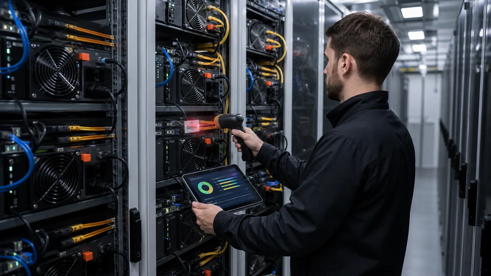 Techniker erfasst Gerätebestand und Monitoring in einer geordneten ASIC-Halle