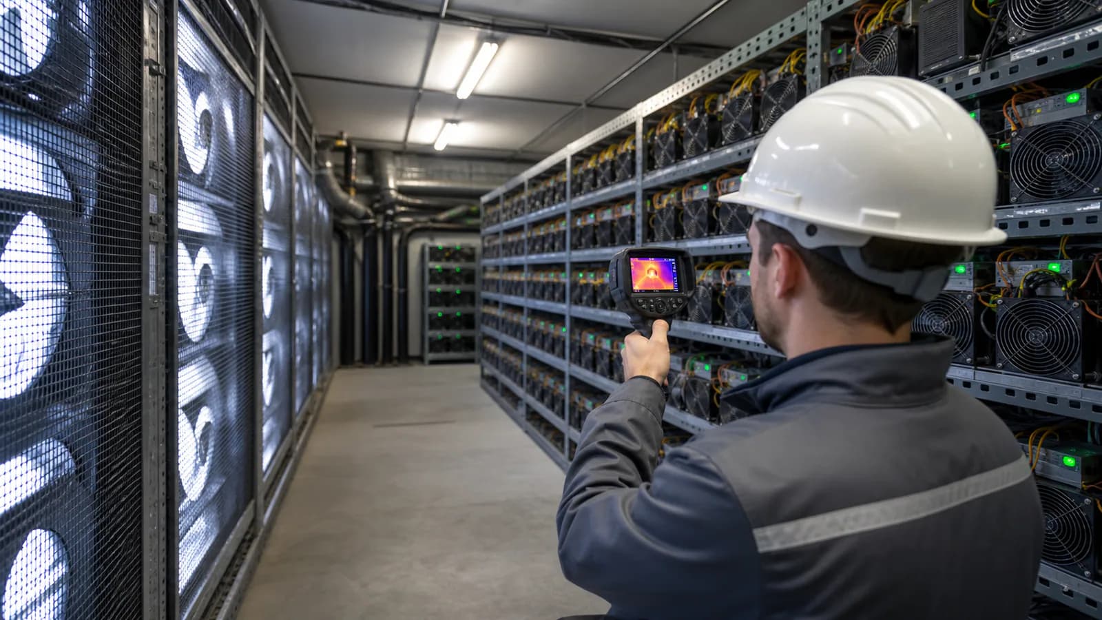 Inžinierius termovizoriumi tikrina aušinimą ir oro srautą ASIC salėje