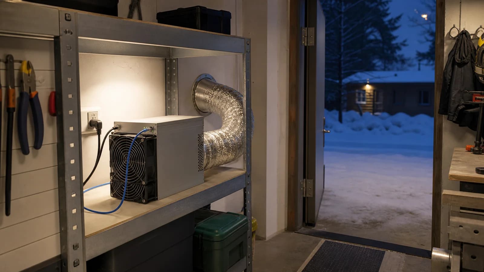 Kompaktne ASIC-miner Eesti garaažitöökojas koos turvalise sooja õhu väljalaskega