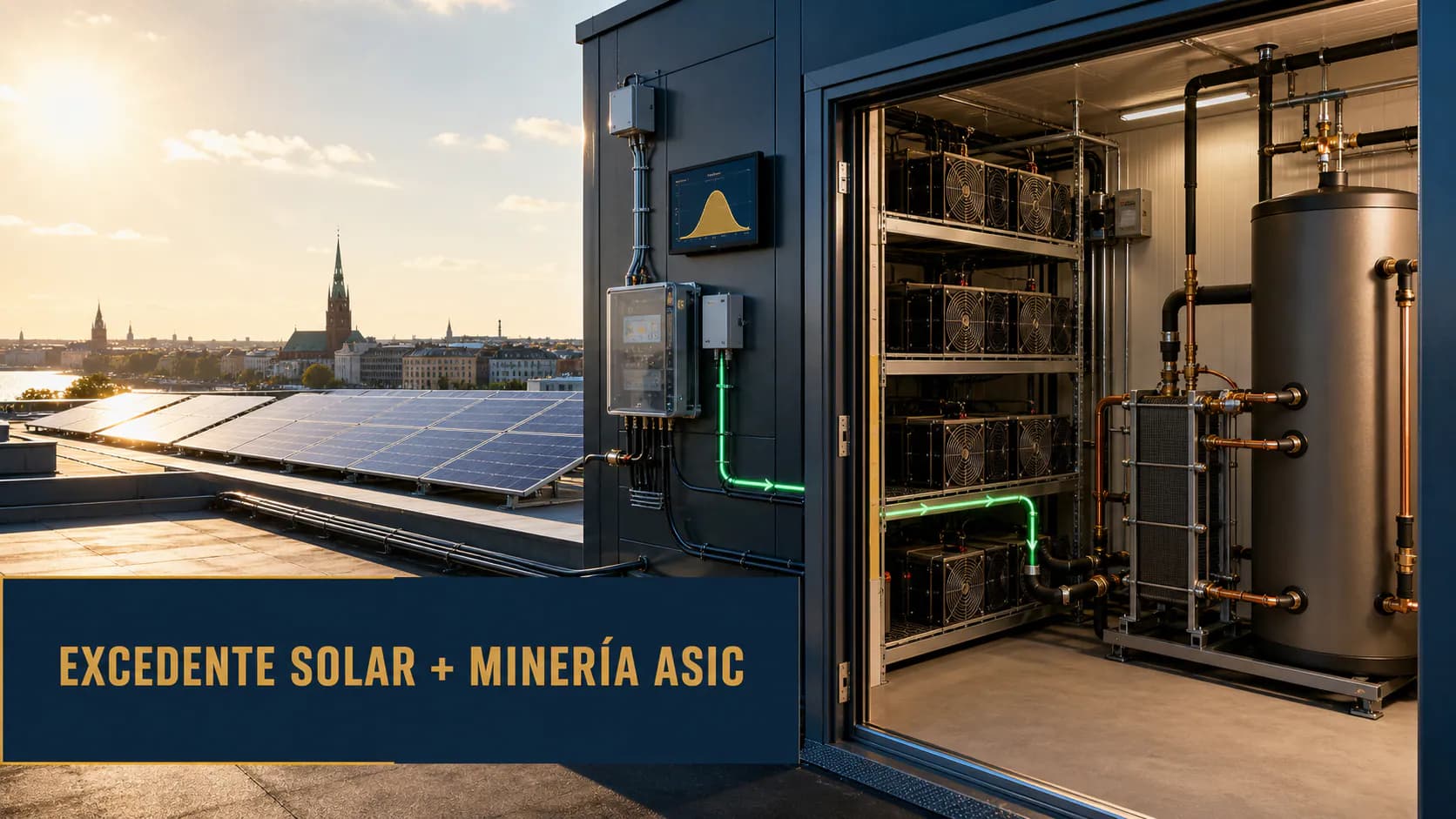 Visualización editorial en español de excedente solar, instalación ASIC controlada y depósito térmico