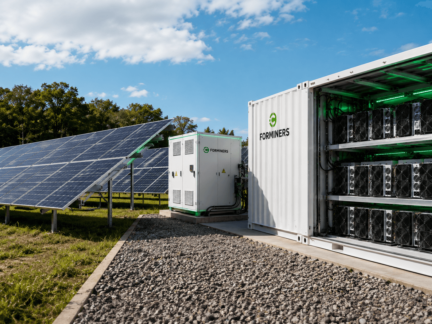 ForMiners solar surplus mining installation with photovoltaic panels and containerized ASIC infrastructure