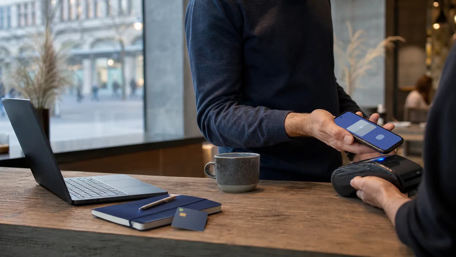 Cliente pagando con el teléfono en una cafetería mientras compara condiciones de tarjetas cripto