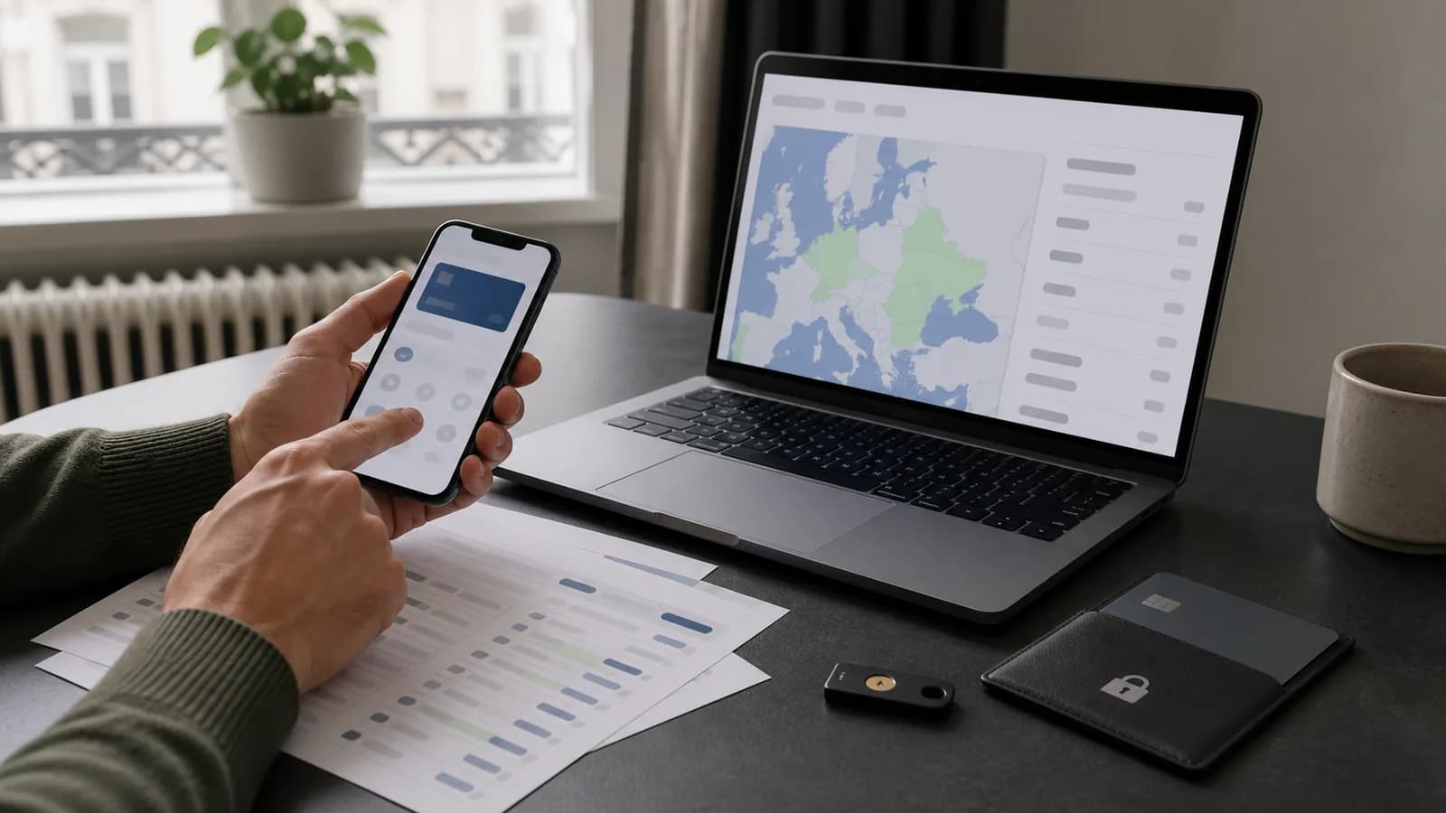 Usuario revisando la app de una tarjeta, mapa regional y llave de seguridad antes de solicitarla