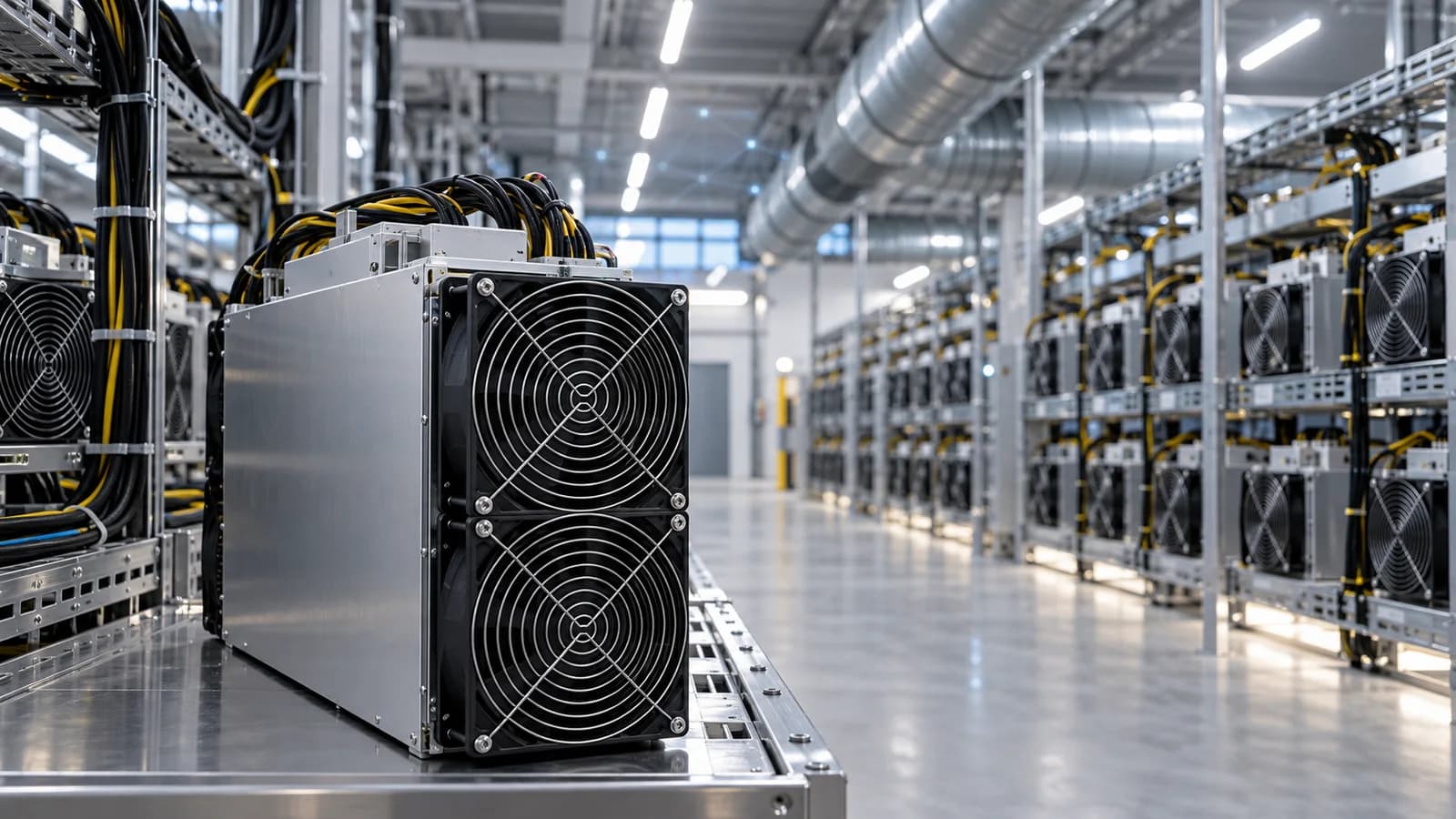 Editorial visualization of an ASIC miner in a professionally ventilated mining hall