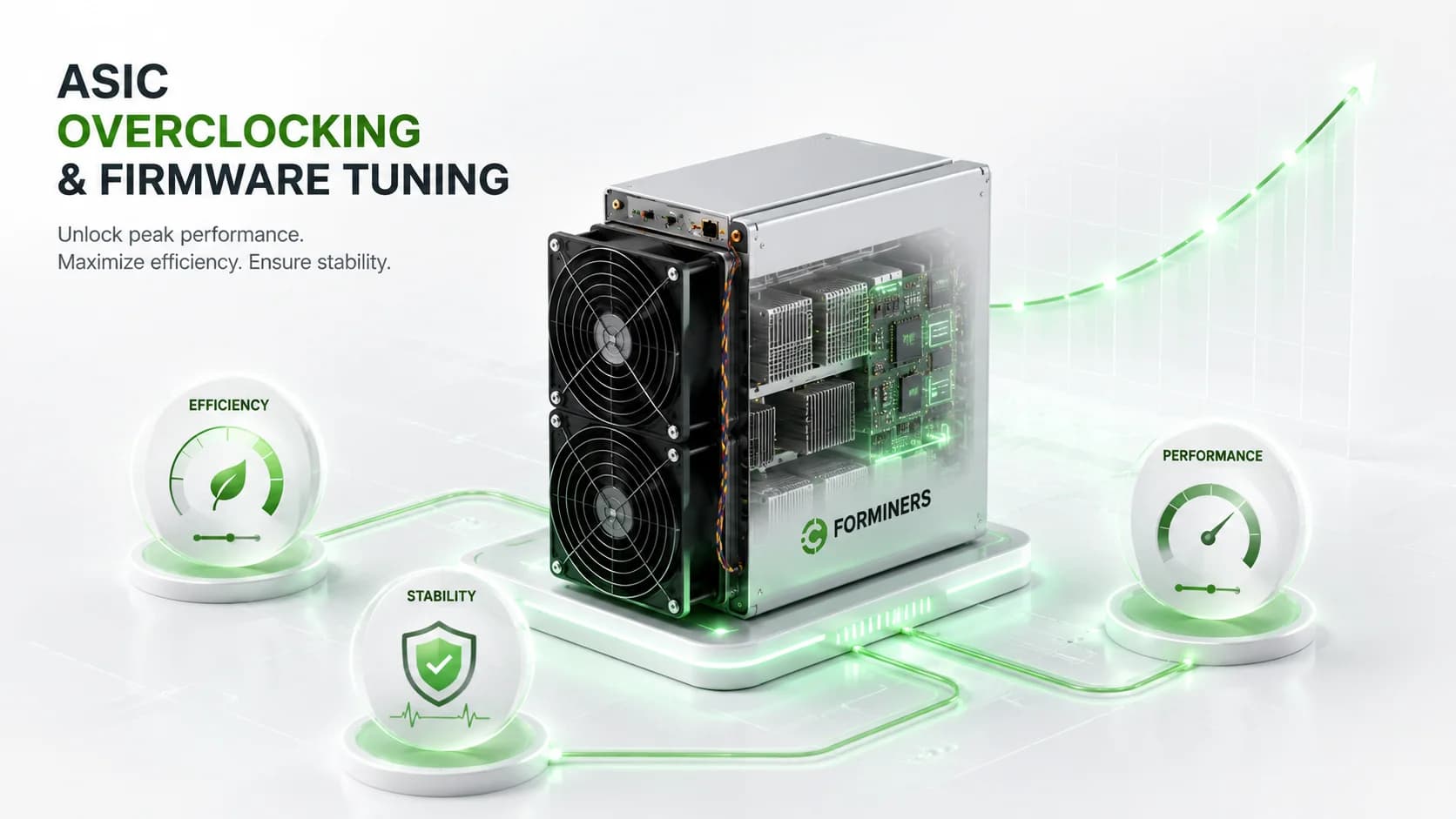 Illustrative ASIC overclocking and firmware tuning visual focused on efficiency, stability and performance