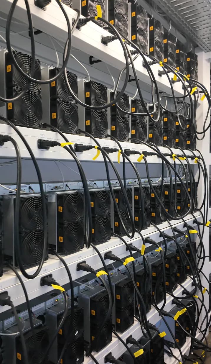 ASIC miner rack cabling close-up
